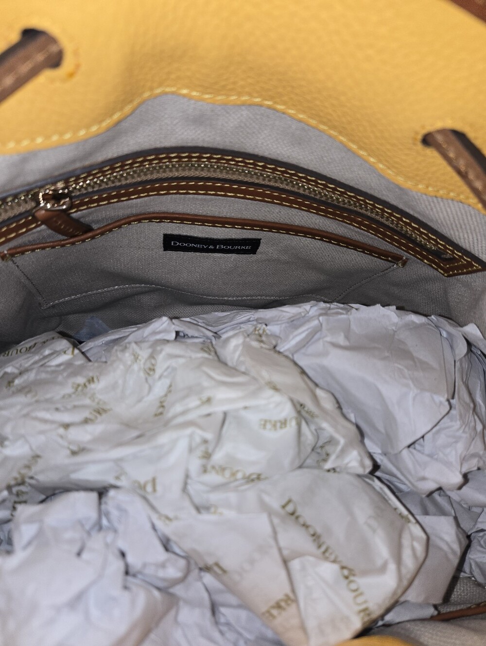 Dooney & Bourke Mustard Yellow Leather Drawstring Hobo with Dark Brown Straps - Picture 13 of 16